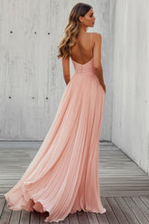 Rosa A-Linie Plissee Langes Hochzeitsgastkleid